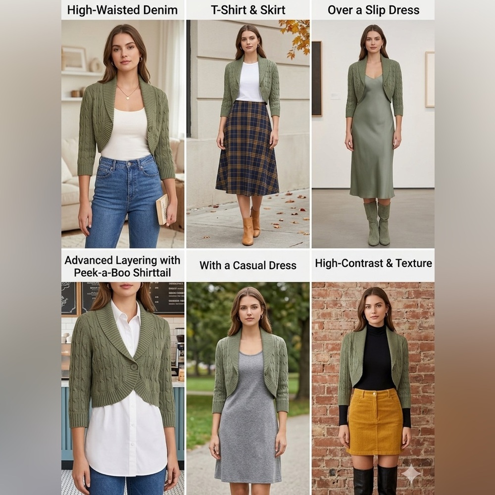 New York & Company Sage Green Cable Knit Cropped Shrug✨
